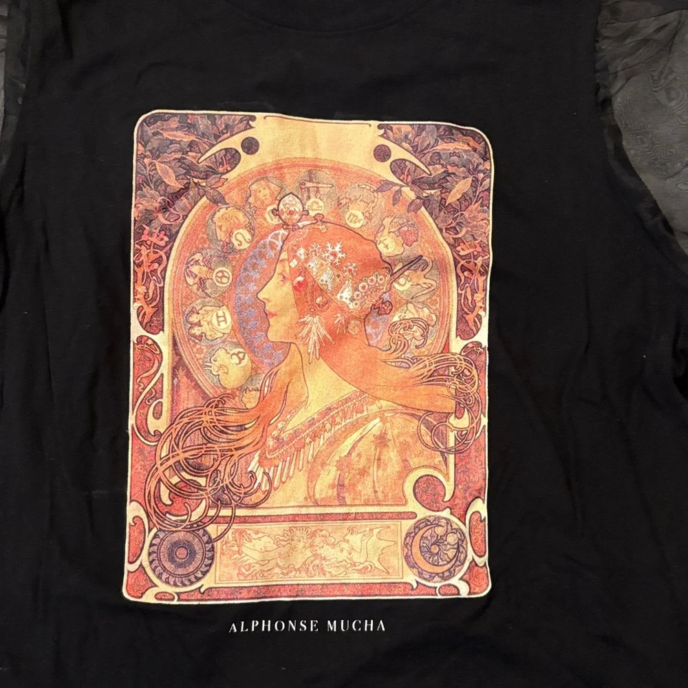 Forever 21 Black Tee with Sheer Sleeves and Art Print - Picture 2 of 6